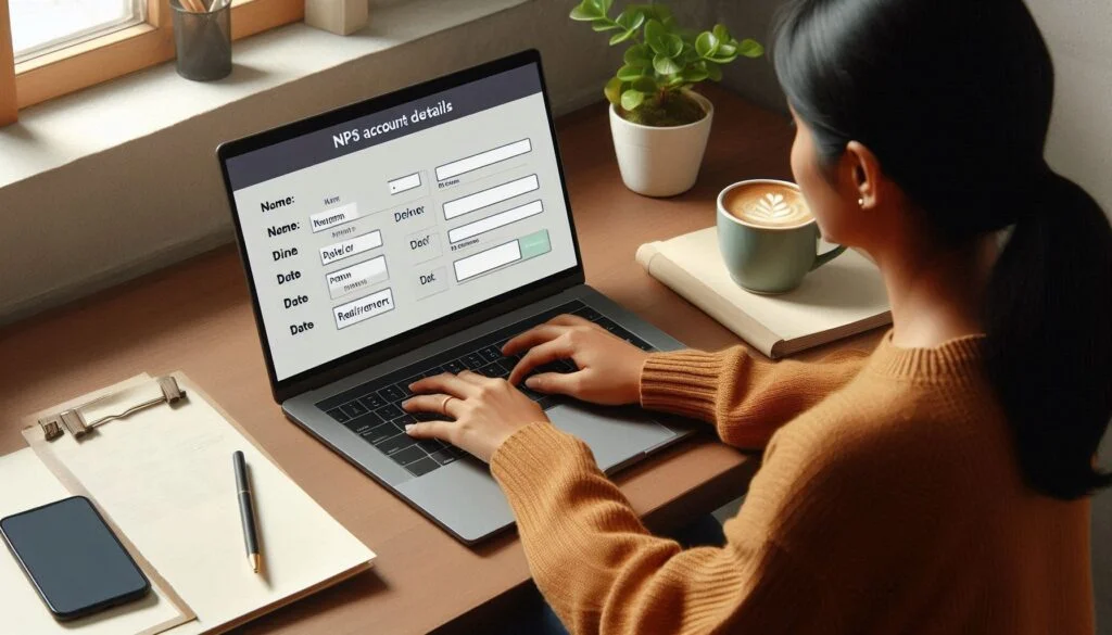 A detailed illustration of an online form being filled out on the NPS portal, showcasing fields for Name, DOB, DOJ, and DOR updates.