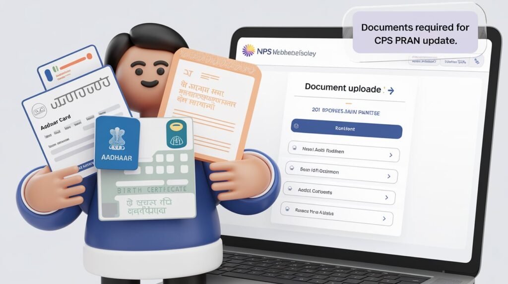 A detailed illustration of an online form being filled out on the NPS portal, showcasing fields for Name, DOB, DOJ, and DOR updates.