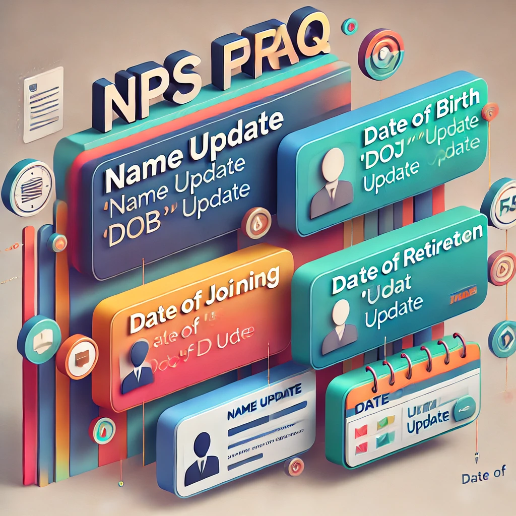 A detailed illustration of an online form being filled out on the NPS portal, showcasing fields for Name, DOB, DOJ, and DOR updates.