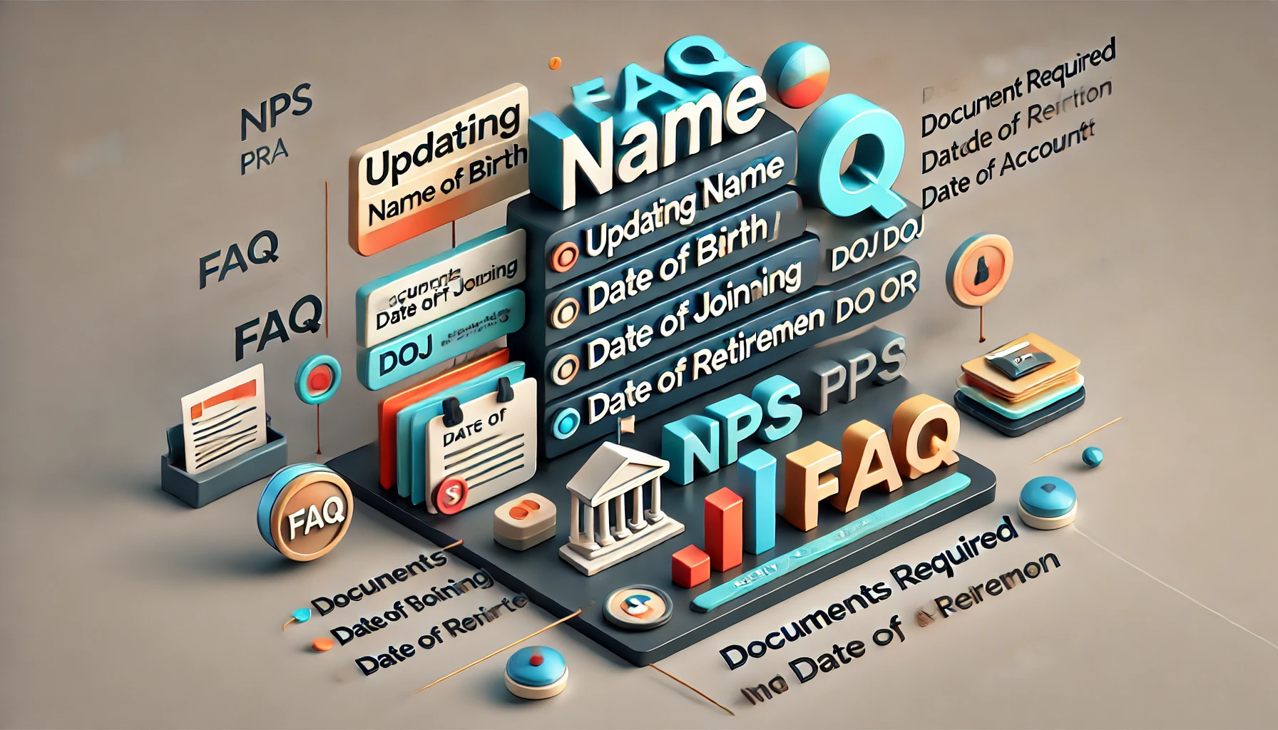 A detailed illustration of an online form being filled out on the NPS portal, showcasing fields for Name, DOB, DOJ, and DOR updates.