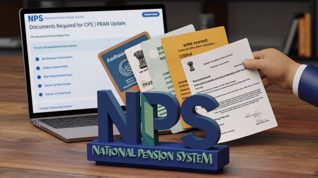 A detailed illustration of an online form being filled out on the NPS portal, showcasing fields for Name, DOB, DOJ, and DOR updates.