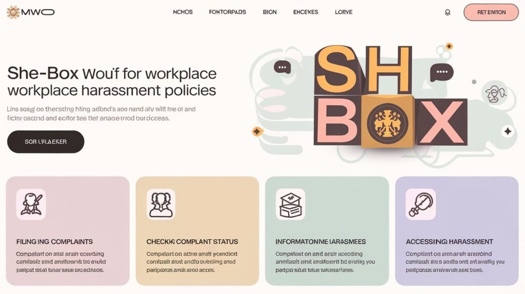 "She-Box Portal homepage displaying options for filing complaints and tracking status for women facing workplace harassment."