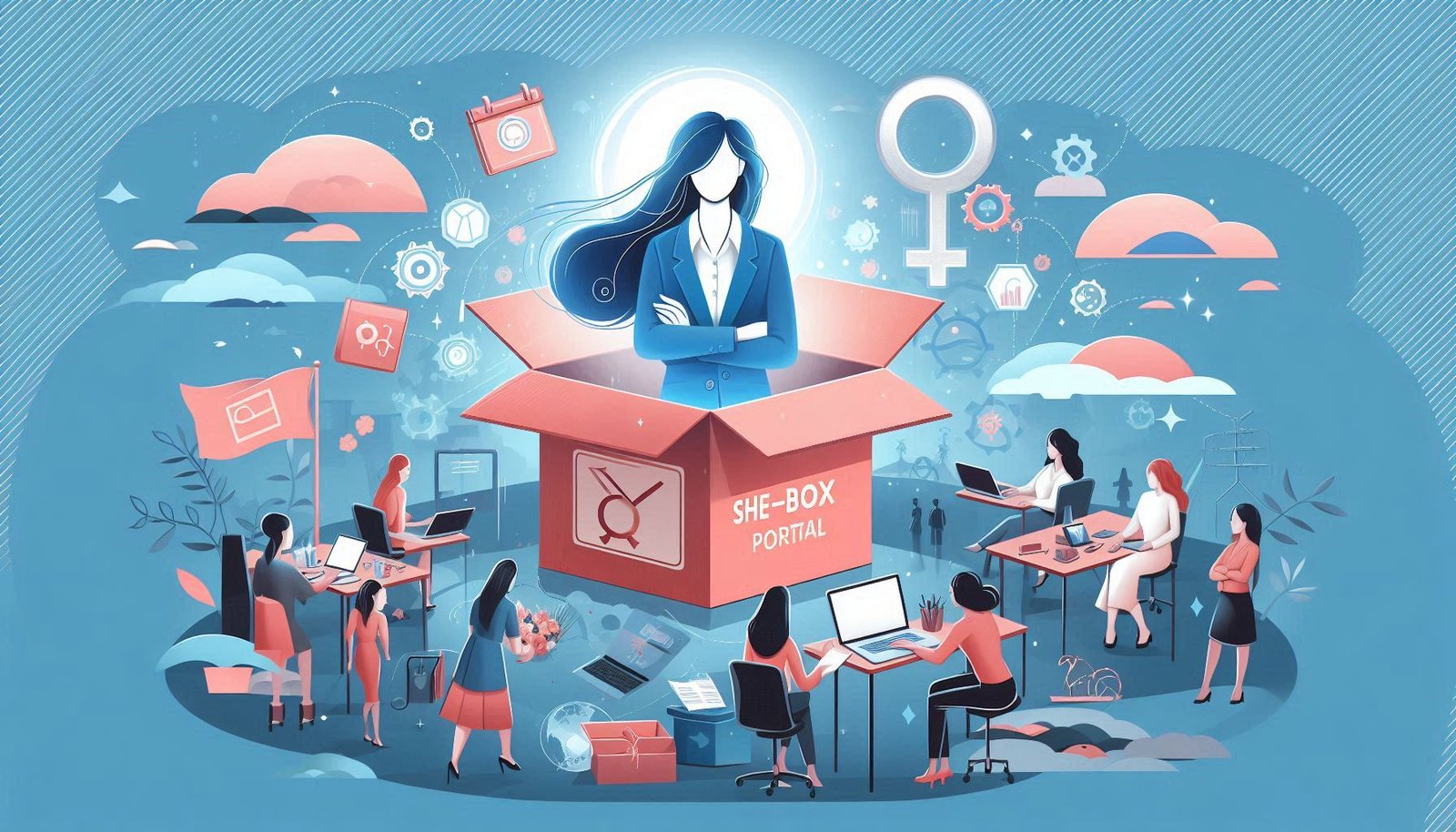 "She-Box Portal homepage displaying options for filing complaints and tracking status for women facing workplace harassment."
